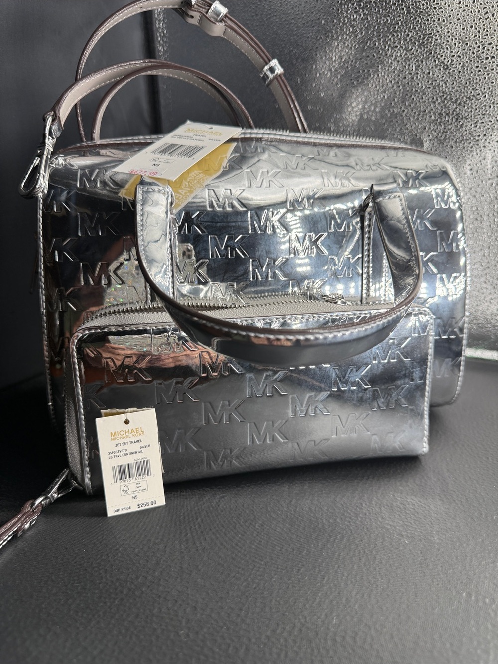 Michael Kors Metallic Silver MK Satchel / crossbody & wristlet bundle NWT